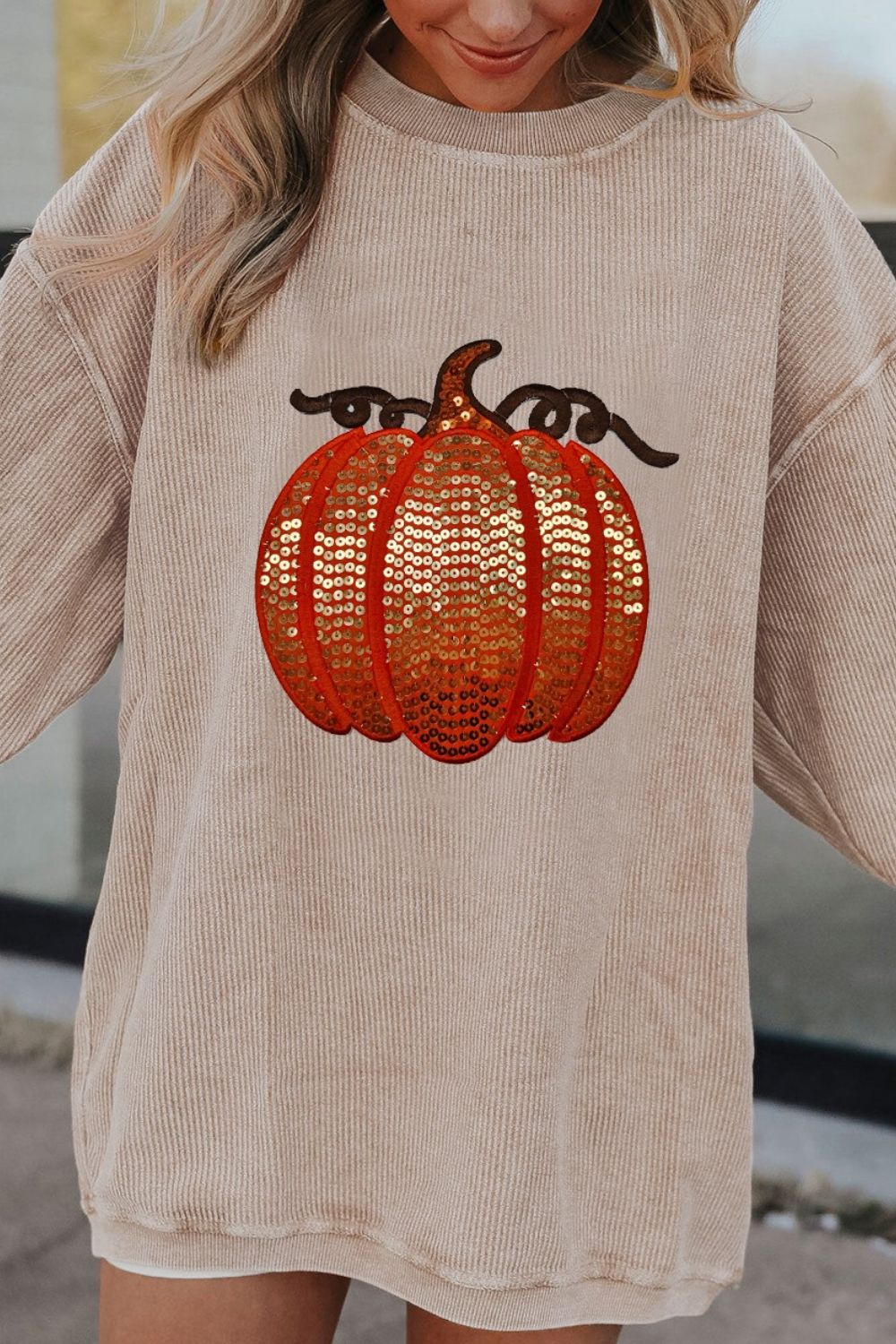 Sequin Pumpkin Round Neck Long Sleeve Sweatshirt NicholesGifts