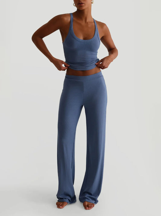 Ribbed Tank and High-Waisted Pants Active Set Trendsi