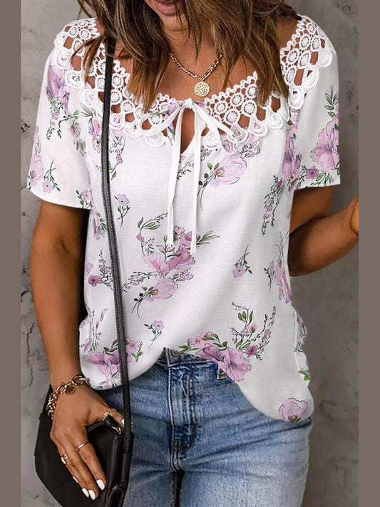 Women Full Size Printed Tie Neck Short Sleeve Blouse