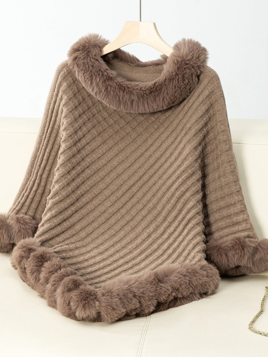 NicholesGifts Women Fuzzy Trim Texture Three-Quarter Sleeve Poncho NicholesGifts