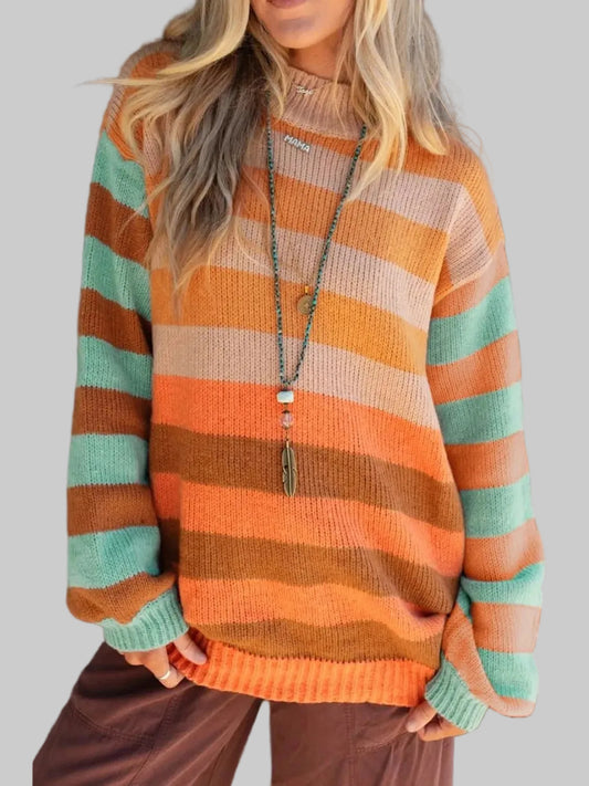 Women Striped Rainbow Long Sleeve Sweater nicholesgifts