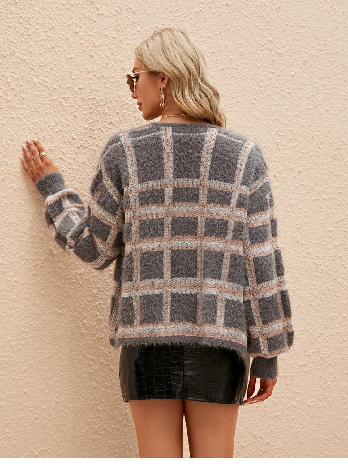 NicholesGifts Women Open Front Plaid Long Sleeve Cardigan NicholesGifts