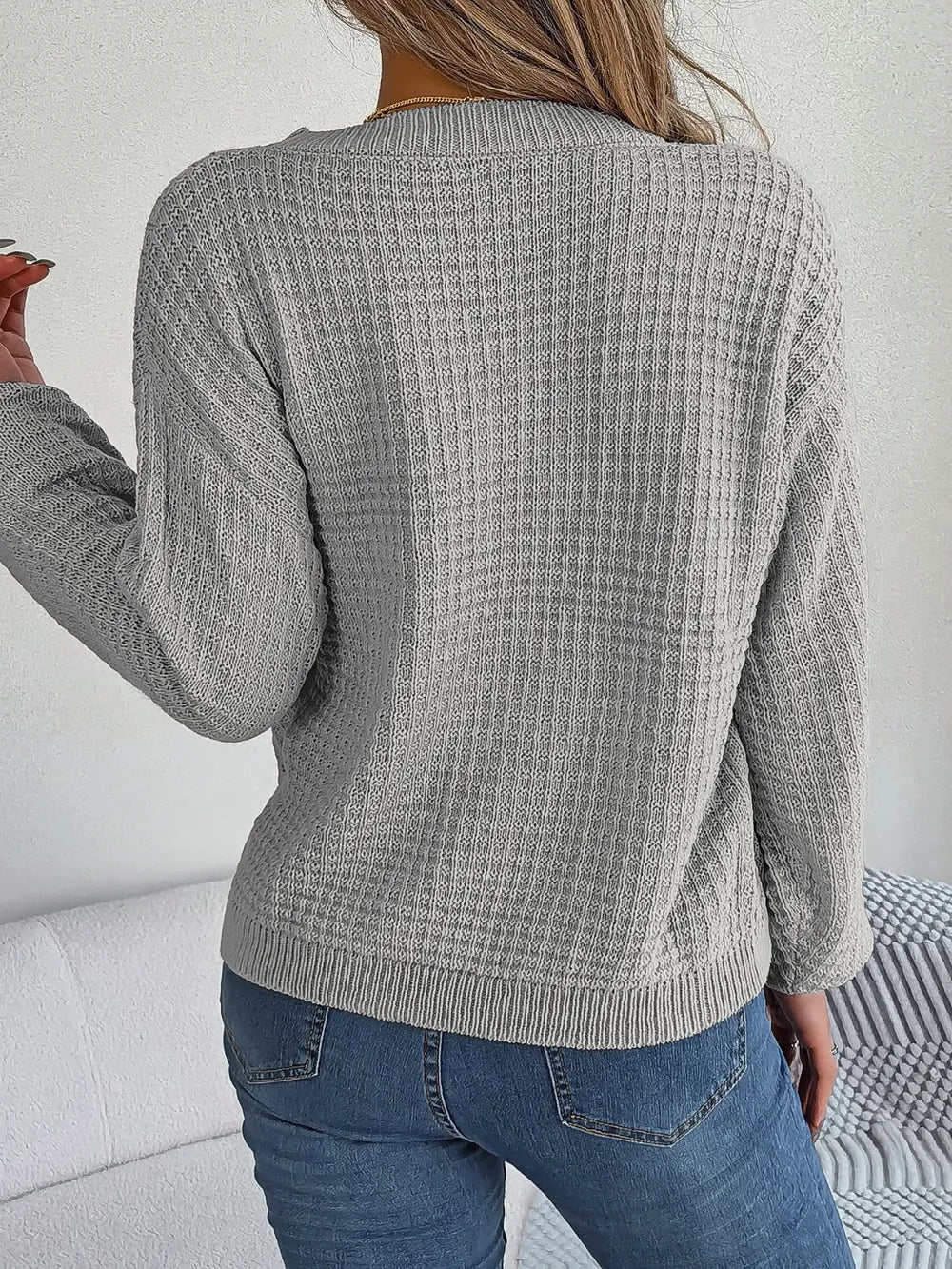 Cable-Knit Round Neck Long Sleeve Sweater Trendsi
