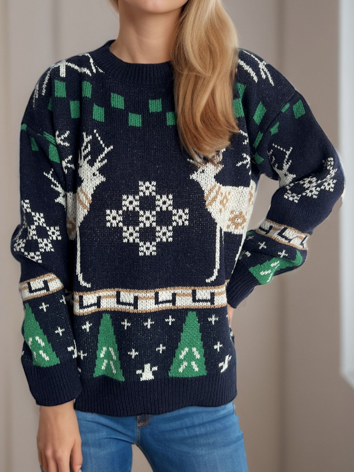 Christmas Element Round Neck Long Sleeve Sweater NicholesGifts