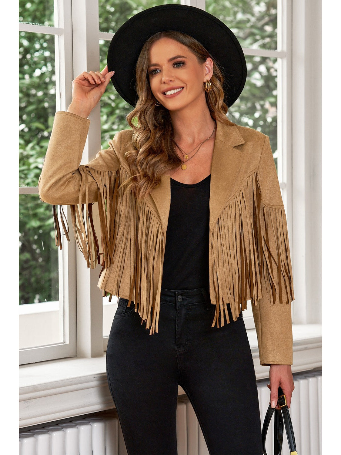 Fringe Trim Lapel Collar Cropped Blazer NicholesGifts