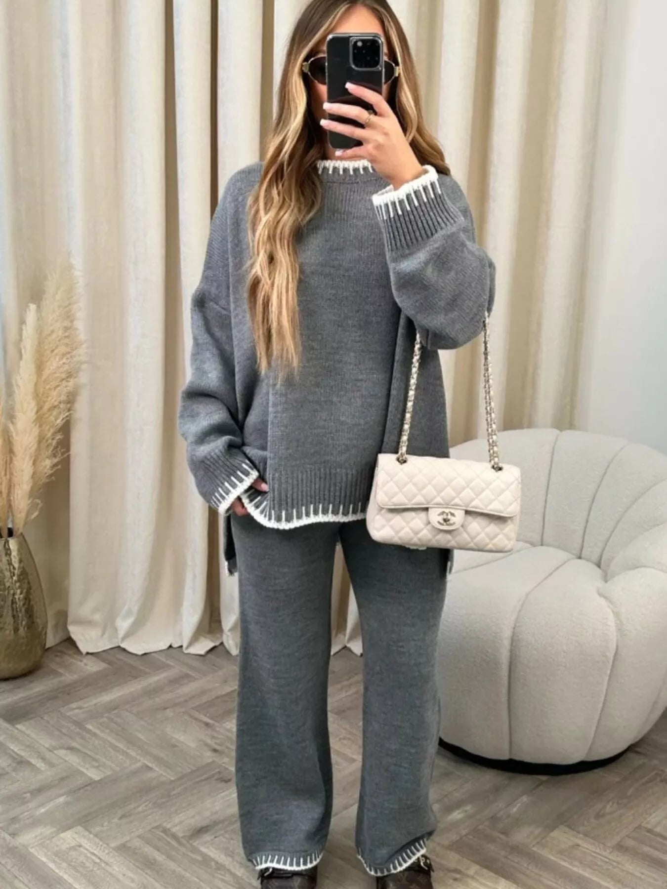 Contrast Trim Round Neck Top and Pants Sweater Set nicholesgifts