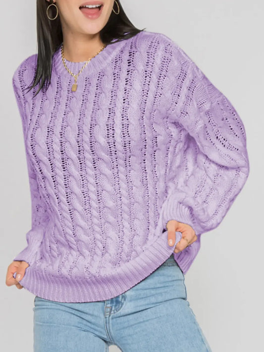 Openwork Round Sleeve Cable-Knit Sweater Trendsi