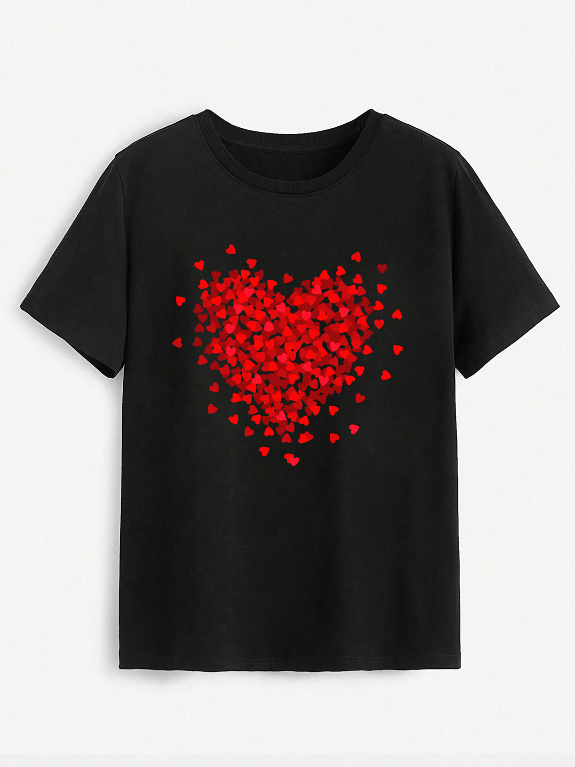 Women Heart Round Neck Short Sleeve Black T-Shirt