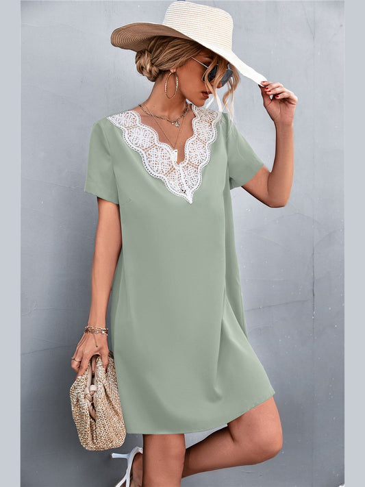 Spliced Lace Contrast Short Sleeve Dress NicholesGifts