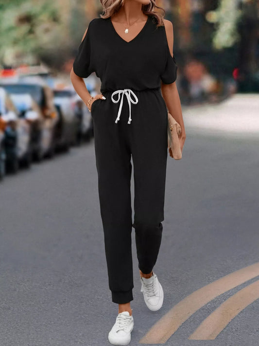 Cold Shoulder V-Neck Drawstring Waist Jumpsuit nicholesgifts