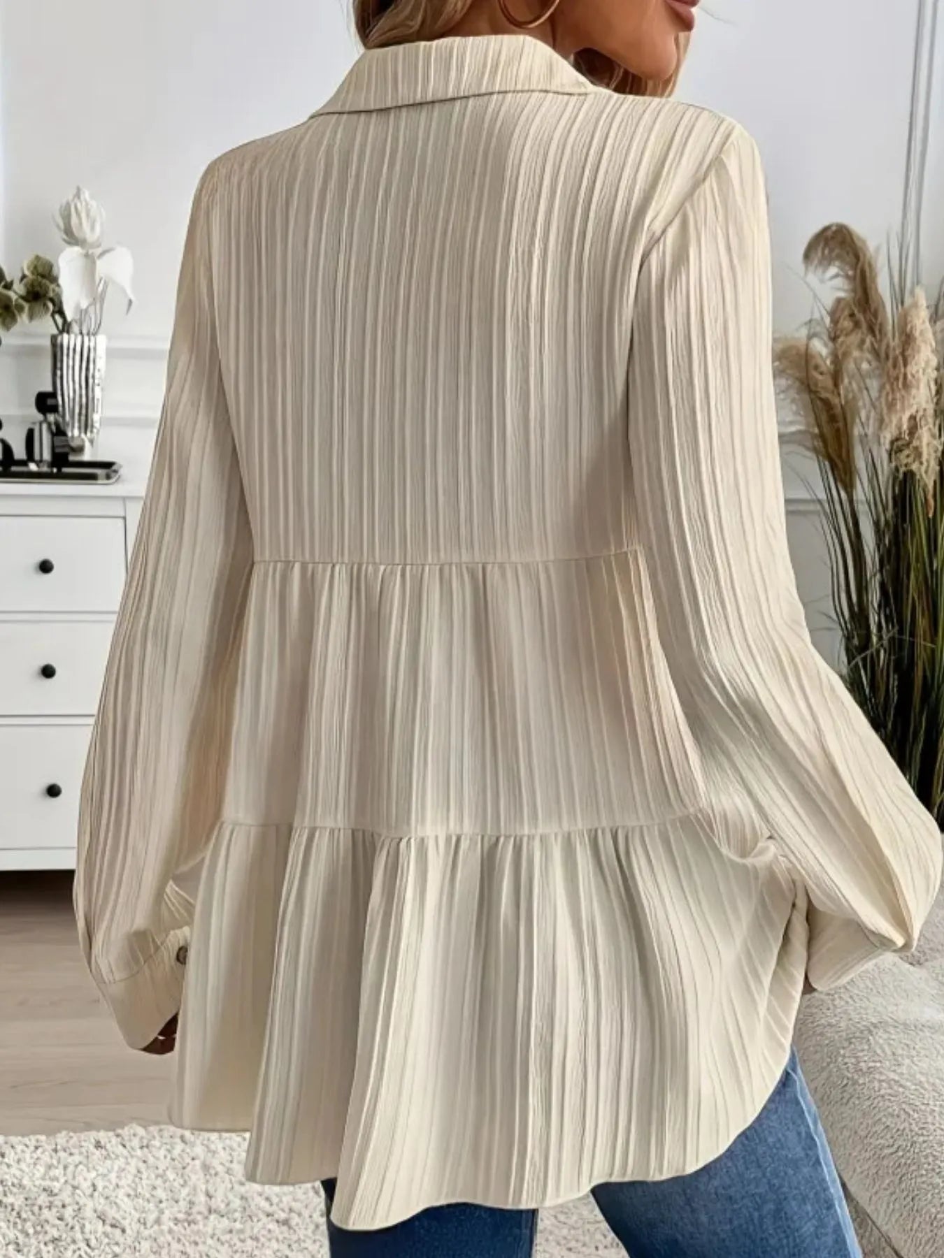 Women Striped Button-Down Tiered Shirt