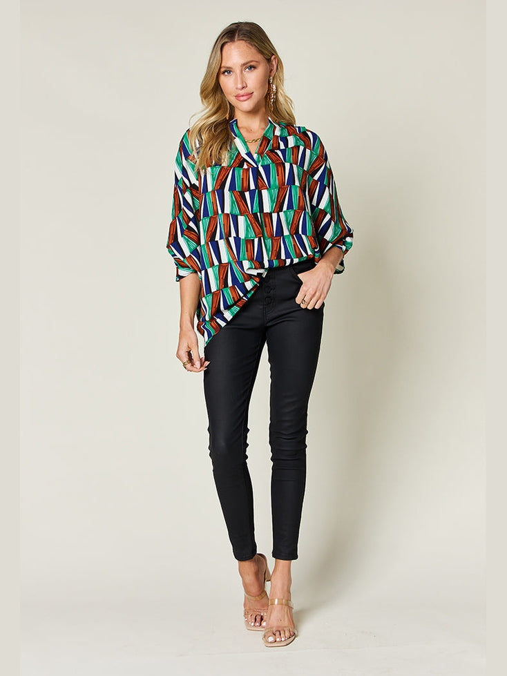 Double Take Full Size Geometric Notched Dolman Sleeve Top