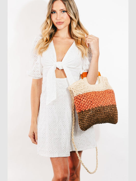 Women Fame Color Block Double-Use Braided Tote Bag