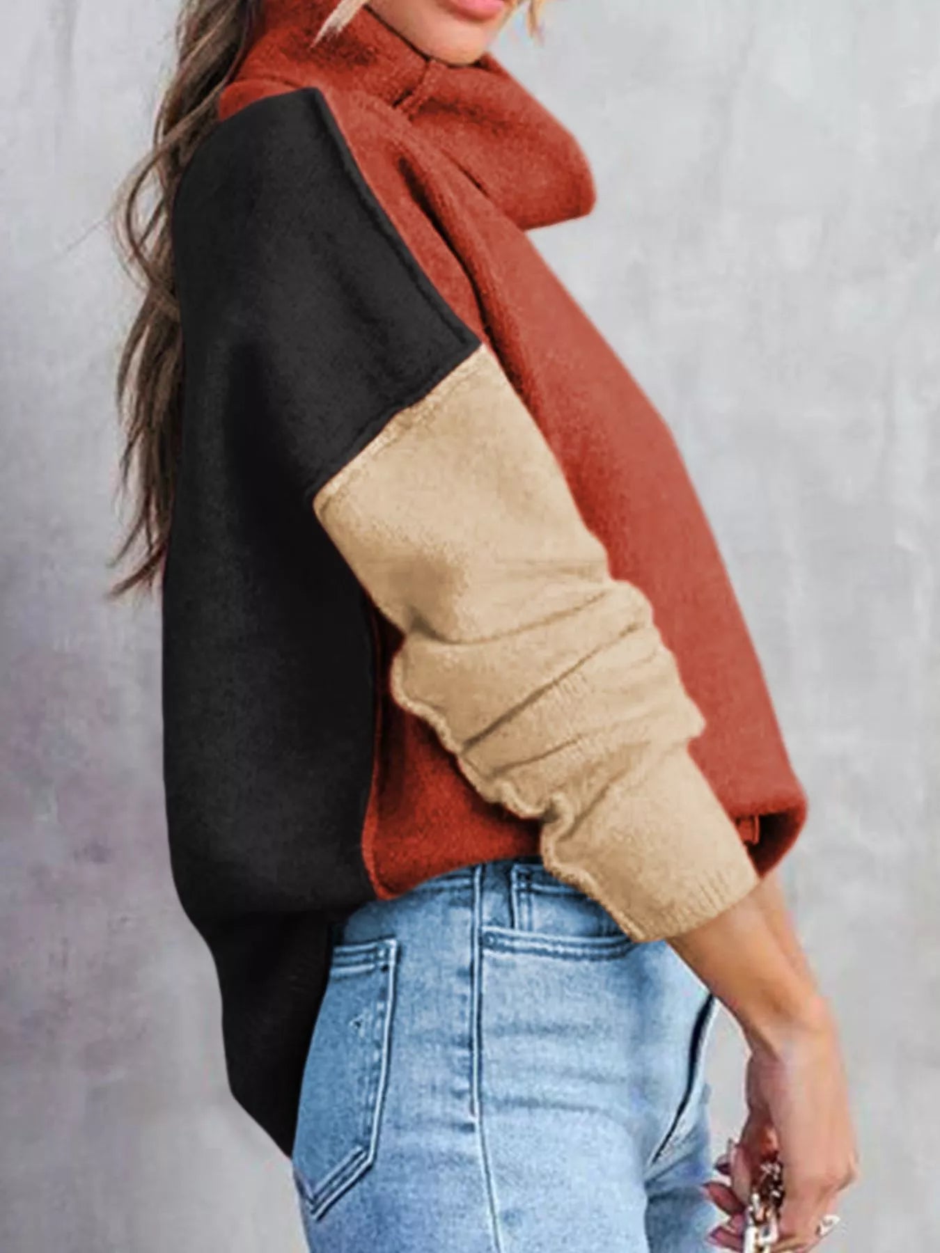 Color Block Turtleneck Drop Shoulder Knit Sweater