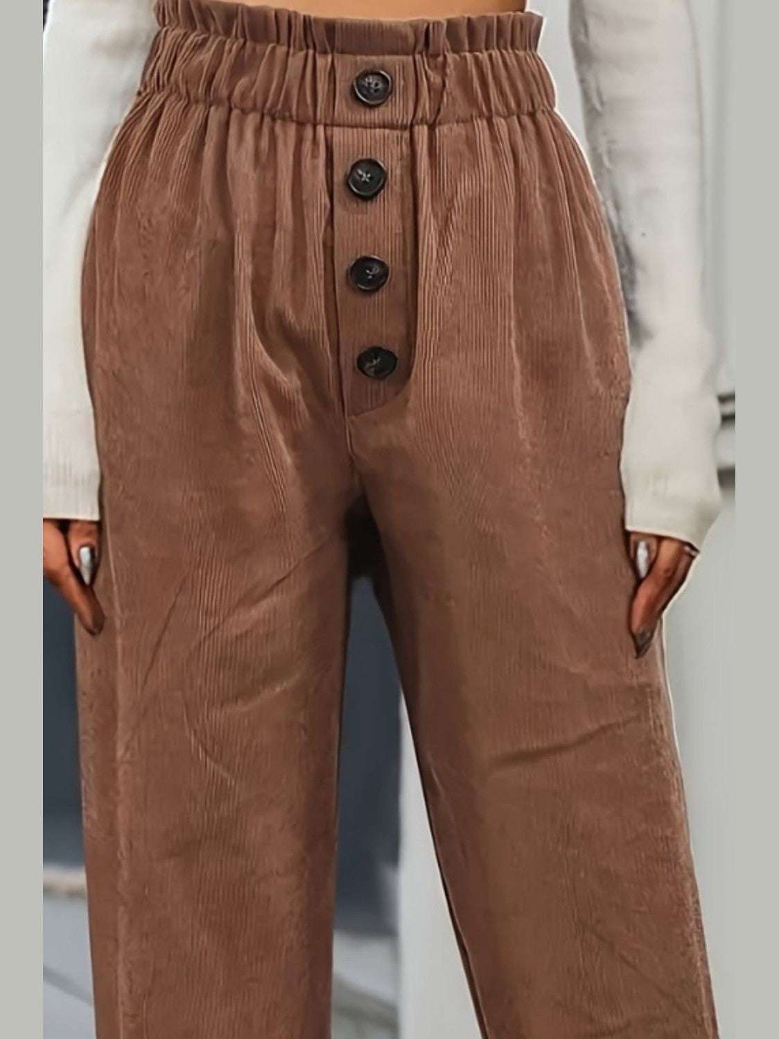 Women Decorative Button High Waist Chestnut Colored Pants NicholesGifts