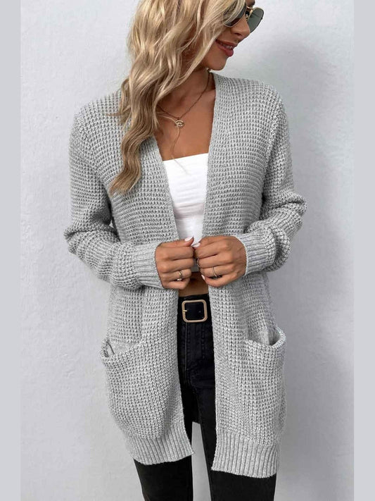 Women Rib-Knit Open Front Pocketed Cardigan