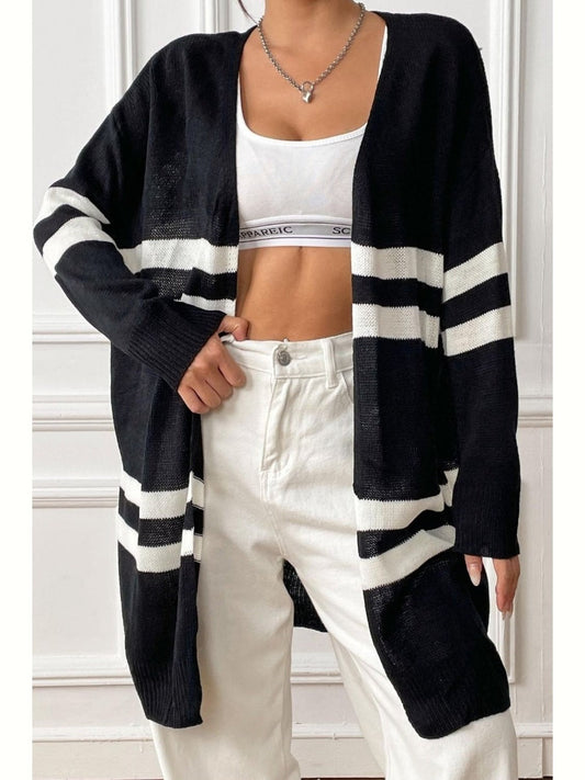 Women Striped Open Front Dropped Shoulder Cardigan