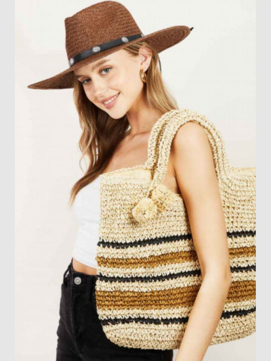 Women Fame Striped Straw Braided Tote Bag NicholesGifts