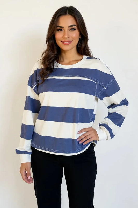 Oh Pima Cotton Wash Exposed Seam Contrast Striped Round Neck Long Sleeve T-Shirt Trendsi