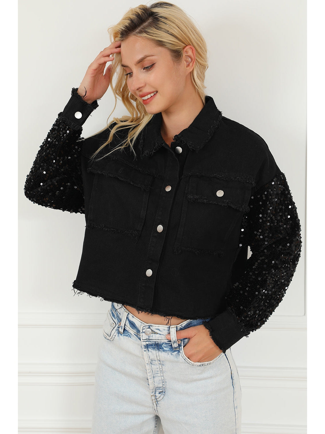 Sequin Button Up Raw Hem Denim Jacket NicholesGifts