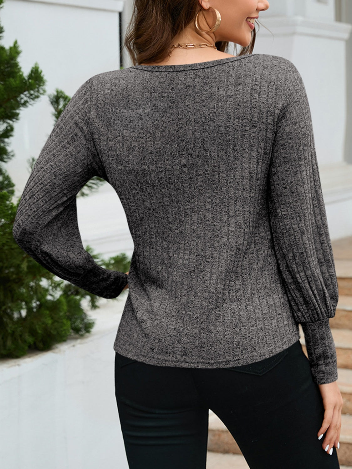 Ribbed Round Neck Lantern Sleeve Knit Top NicholesGifts
