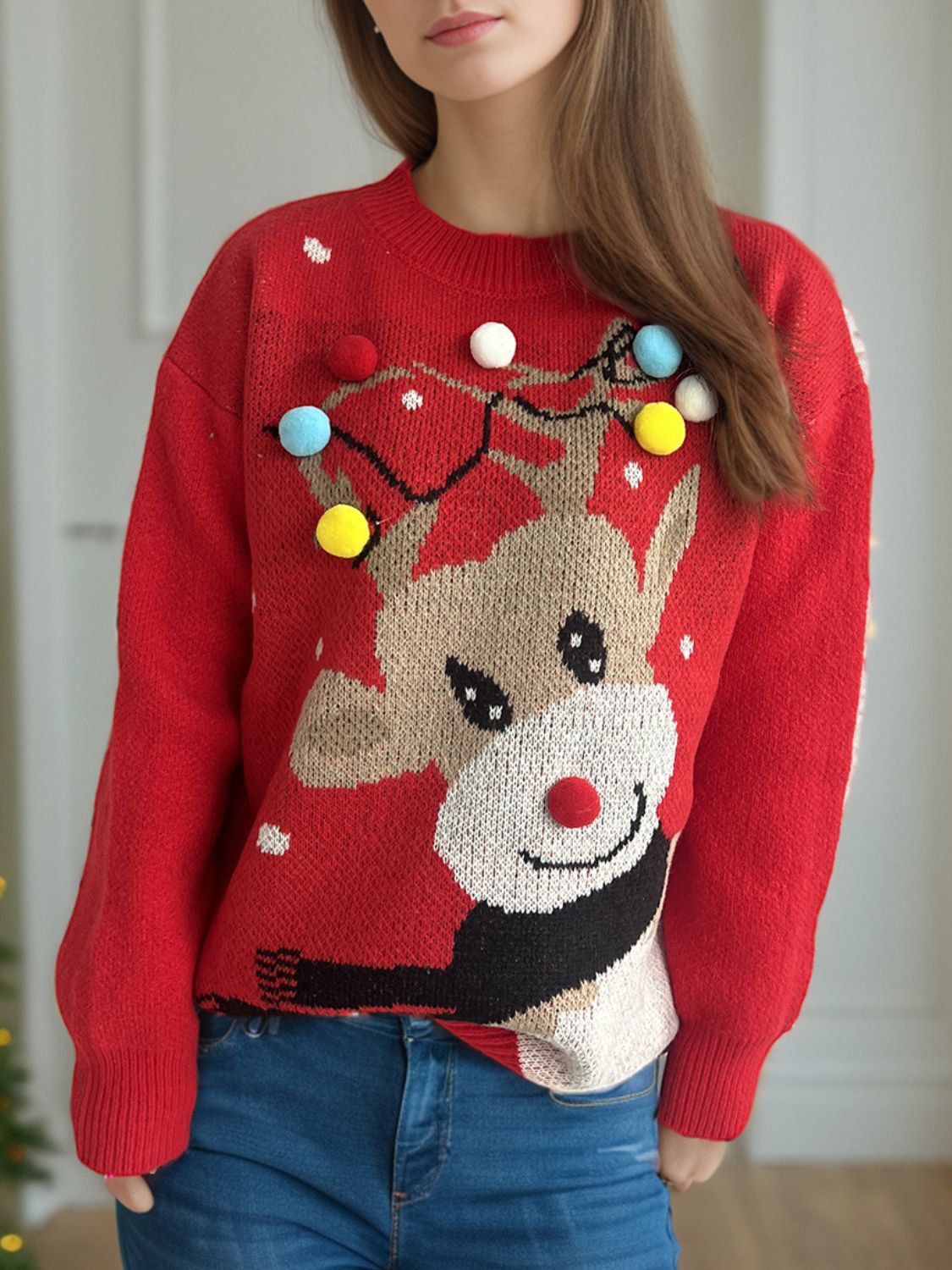Reindeer Round Neck Long Sleeve Sweater NicholesGifts