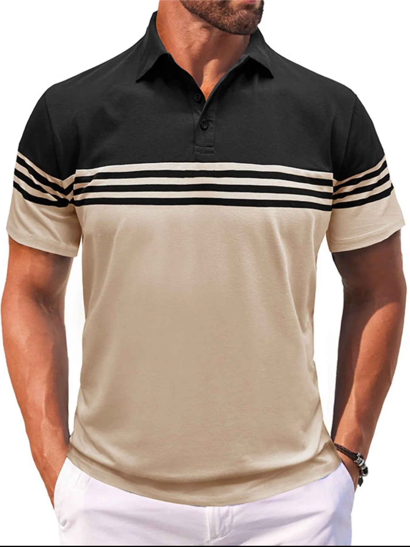 Men's Full Size Color Block Striped Polo Shirt Plus Size NicholesGifts