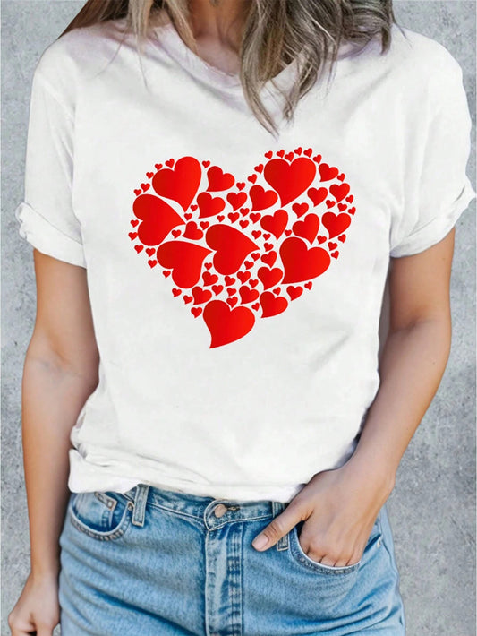 Women Heart Round Neck Short Sleeve White T-Shirt