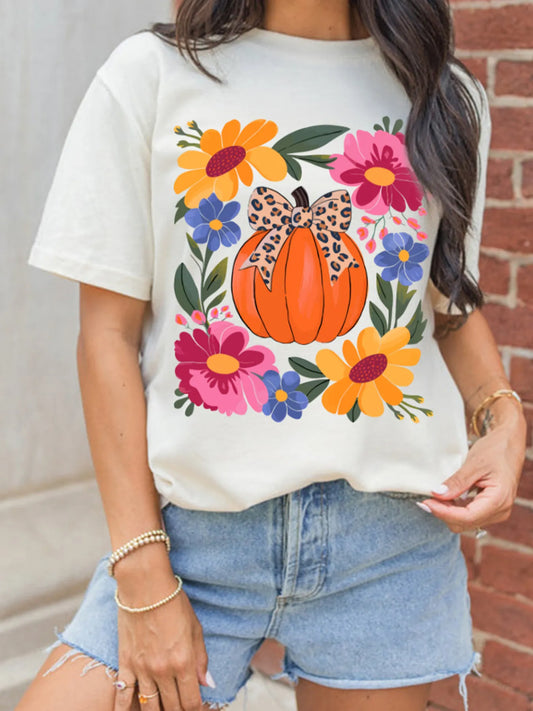Pumpkin Floral Graphic Round Neck T-Shirt Trendsi