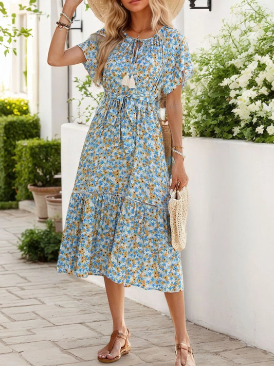 Floral Print Midi Dress with Tie Front NicholesGifts
