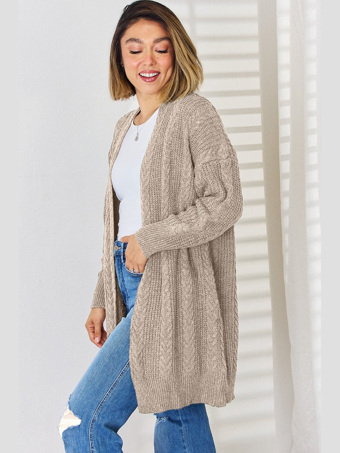 Women Cable-Knit Open Front Dropped Shoulder Cardigan