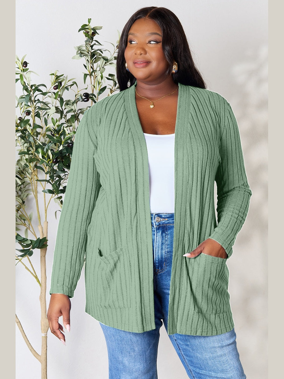 NicholesGifts Women Basic Bae Full Size Ribbed Open Front Cardigan with Pockets NicholesGifts