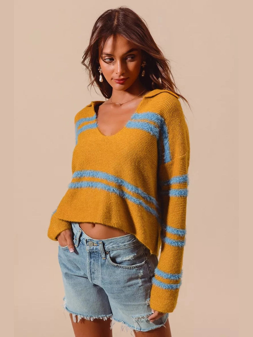 SO ME Fuzzy Hairy Stripe Deep U Neck Swetaer