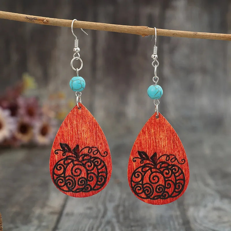 Turquoise Wooden Pumpkin Teardrop Earrings NicholesGifts
