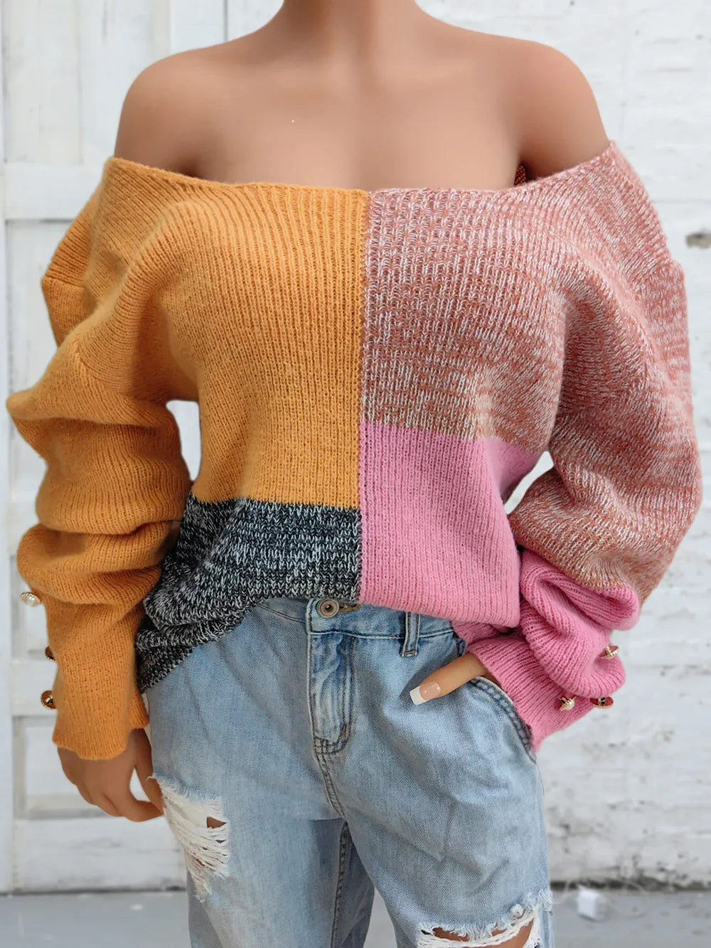 Color Block Decorative Button Long Sleeve Sweater Trendsi