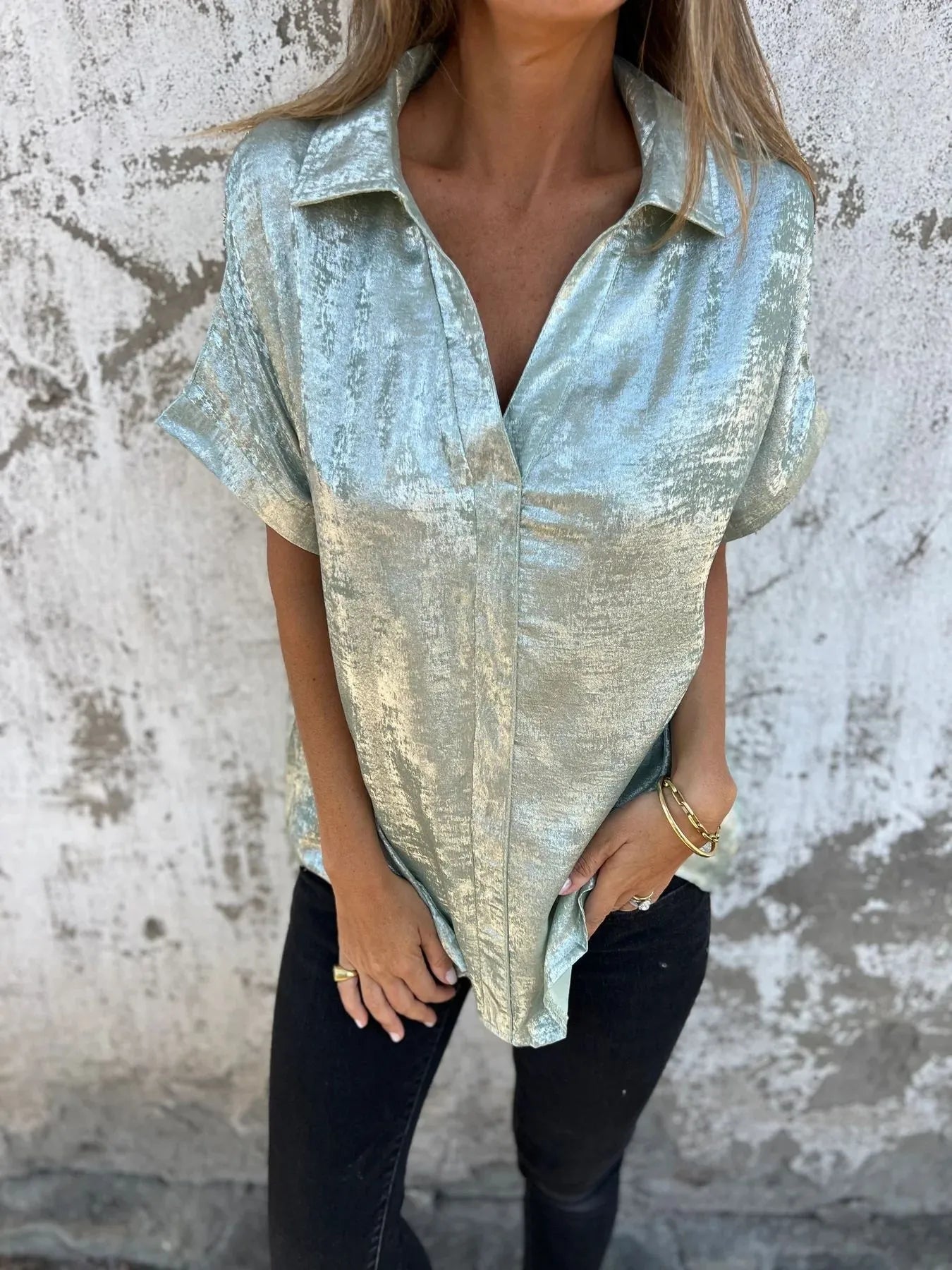 Full Size Collared Neck Short Sleeve Shirt Plus Size