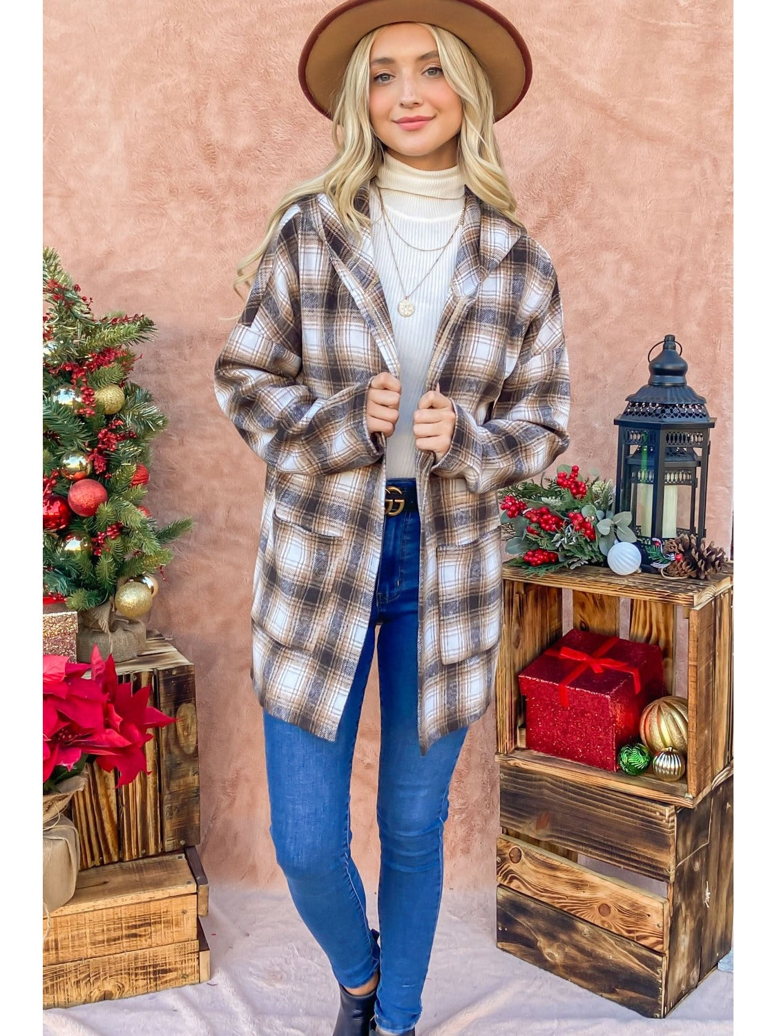 NicholesGifts Women And The Why Plaid Open Front Hooded Shacket NicholesGifts