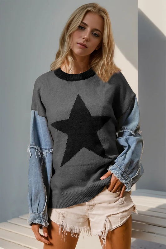 Double Take Full Size Star Pattern Raw Edge Long Sleeve Sweater NicholesGifts
