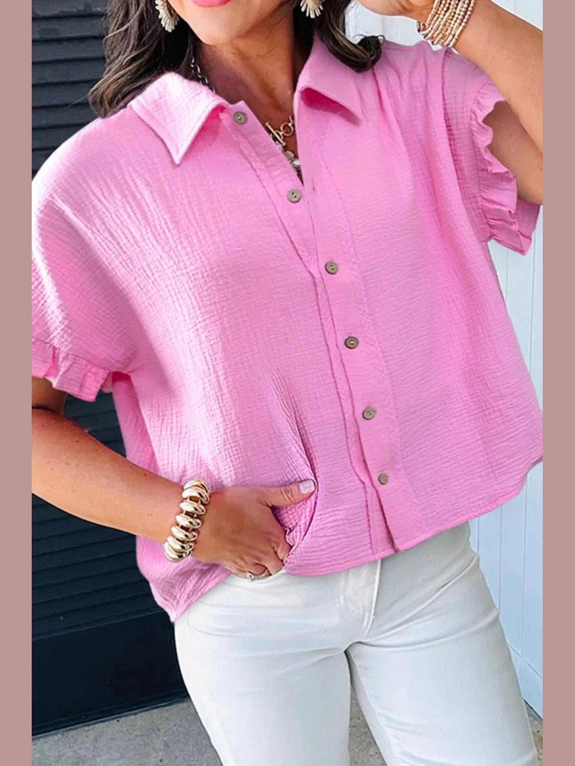 Frill Collared Neck Short Sleeve Shirt NicholesGifts