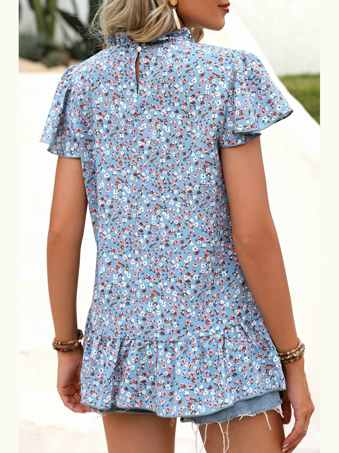 NicholesGifts Women Ditsy Floral Mock Neck Short Sleeve T-Shirt