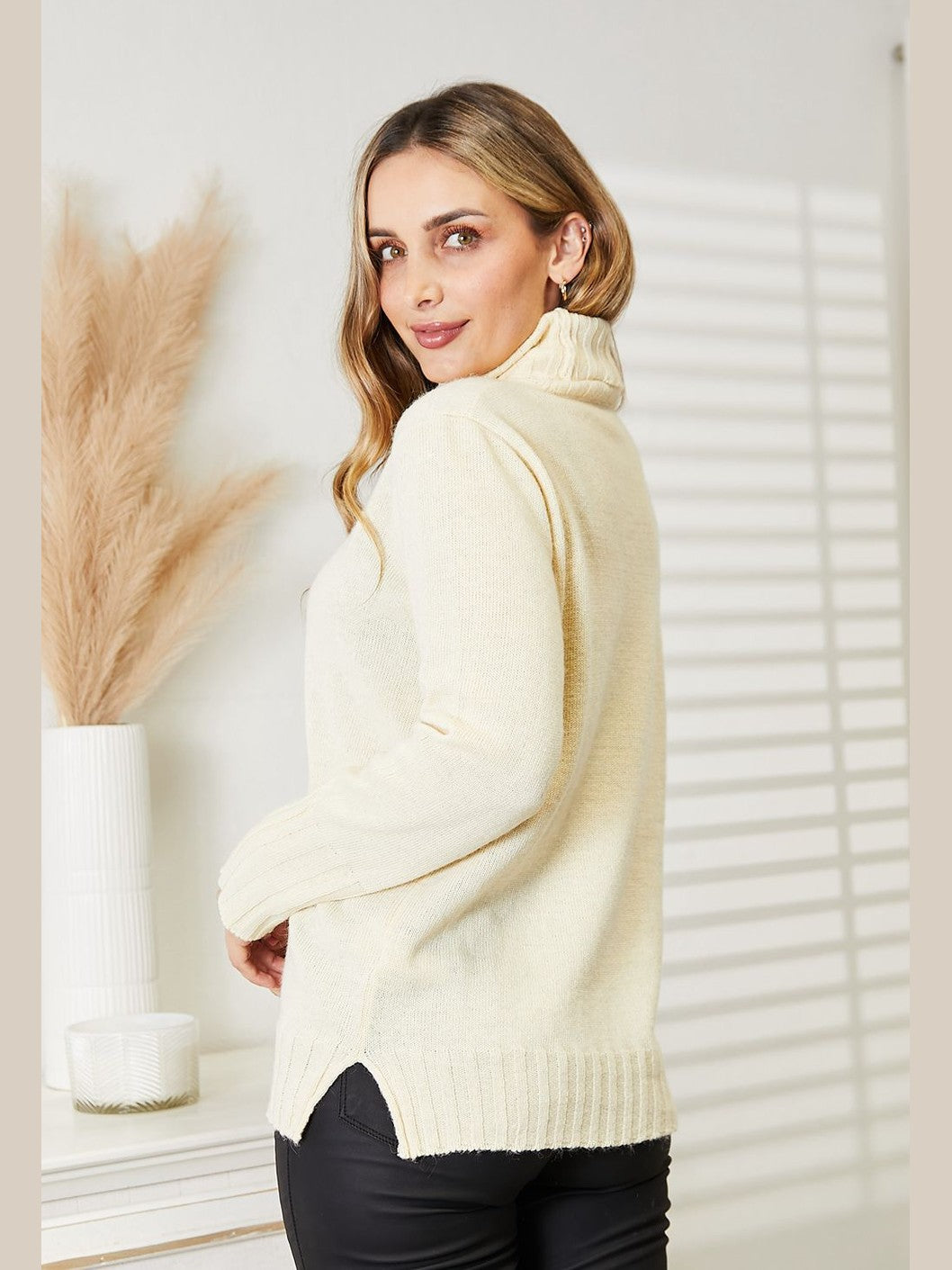 Heimish Full Size Long Sleeve Turtleneck Sweater with Side Slit Trendsi
