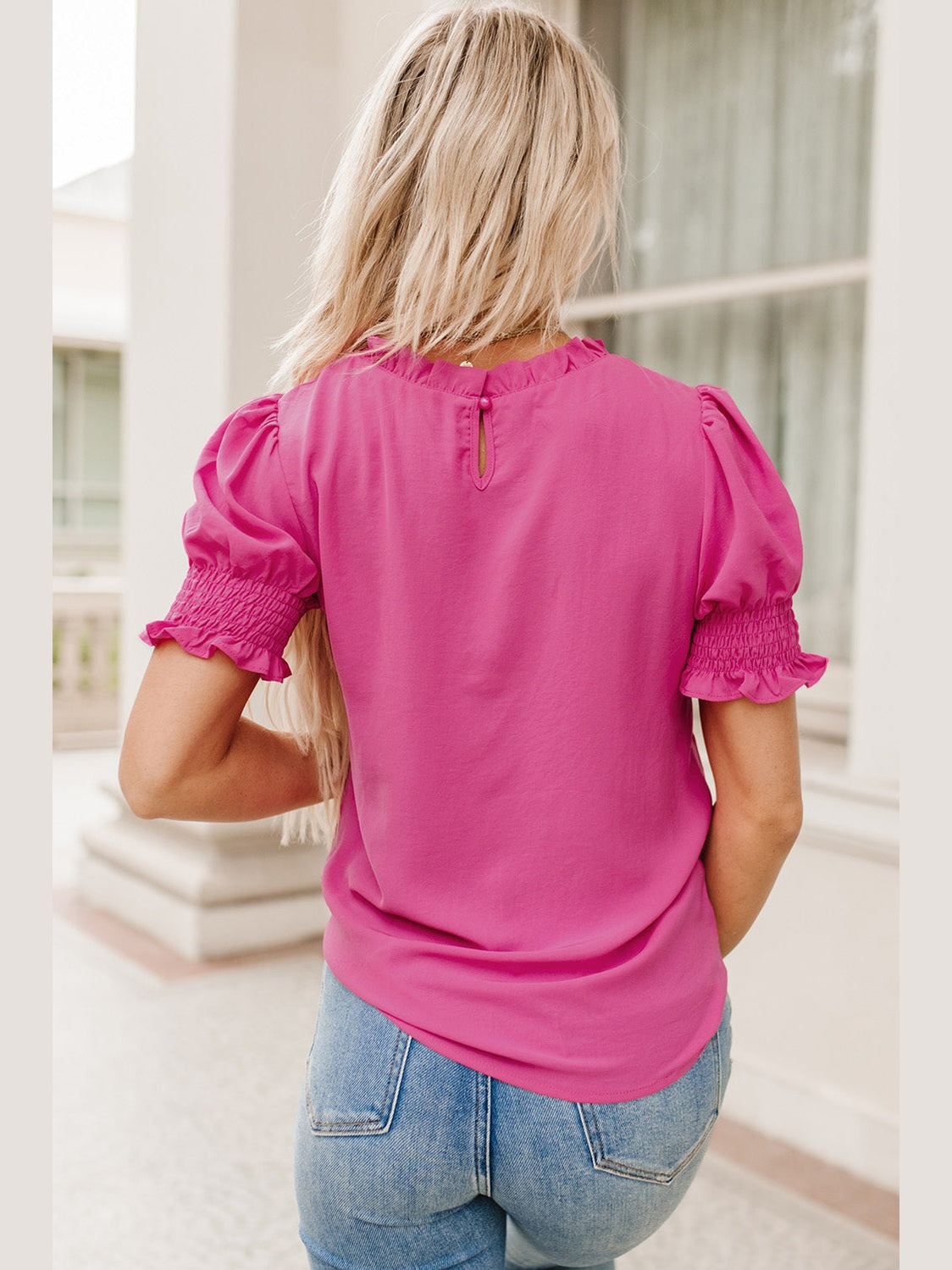 Frill Round Neck Flounce Sleeve Blouse