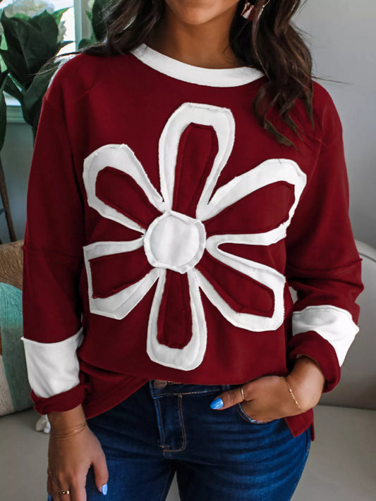 Flower Patched Round Neck Long Sleeve Top nicholesgifts