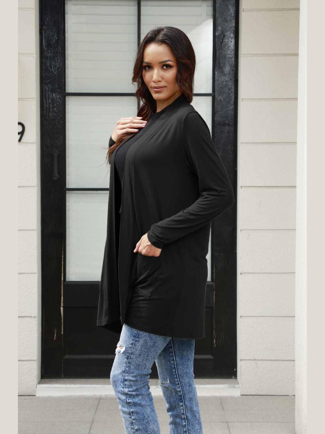 NicholesGifts Women Basic Bae Full Size Open Front Long Sleeve Cardigan with Pockets