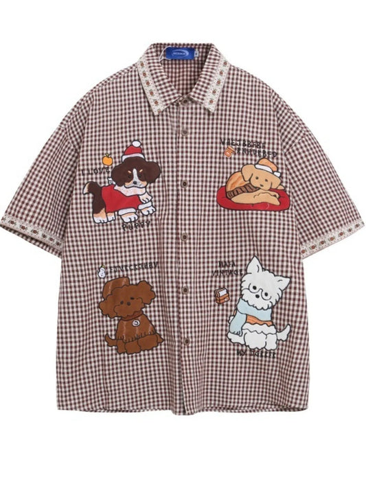 Men's Dog Patches Gingham Check Shirt NicholesGifts