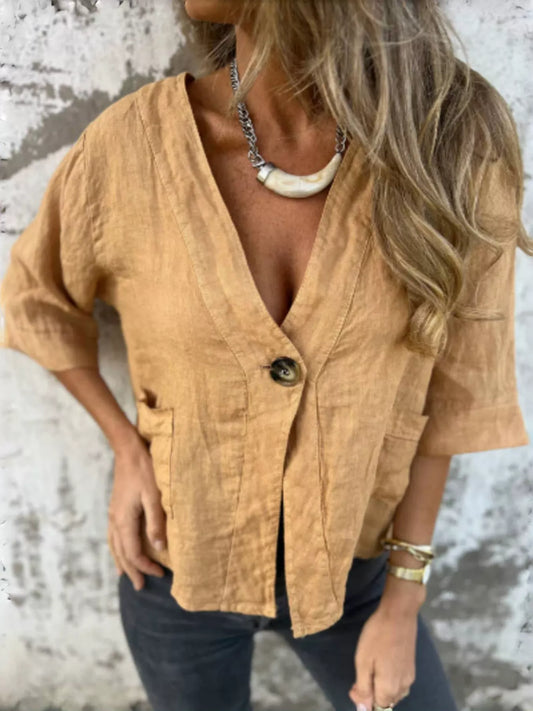 Full Size One Button V-Neck Shirt Plus Size Trendsi