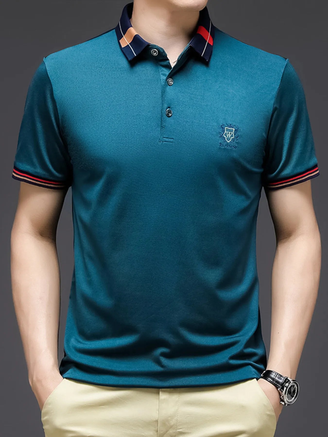 Men's Plus Size Short Sleeve Contrast Collar Polo Shirt NicholesGifts
