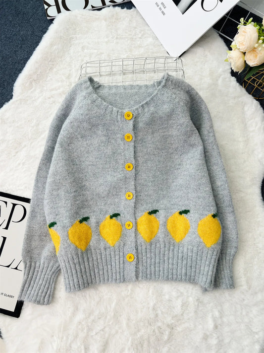 Lemon Pattern Button-Up Cardigan