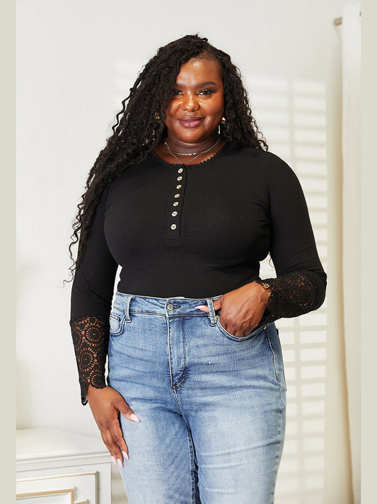 Double Take Crochet Lace Hem Sleeve Button Top