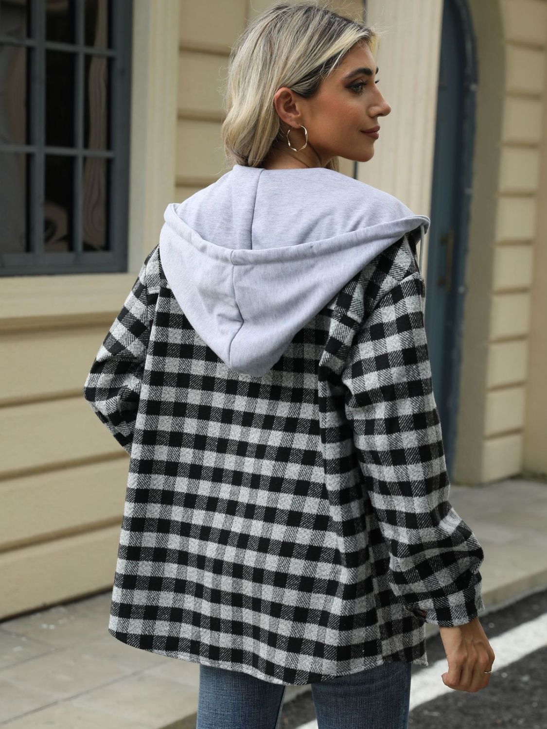 NicholesGifts Women Drawstring Plaid Long Sleeve Hooded Jacket NicholesGifts